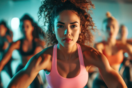 A dynamic group of men and women exercise in a bright gym studio, participating in an intense group fitness class like spinning or aerobics.の素材