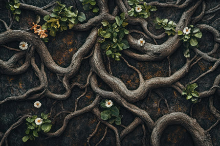 Detailed backdrop with intertwining roots, leaves, and flowers. Organic nature-inspired design for eco themes or natural products.の素材