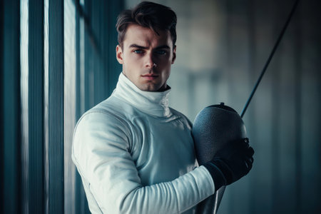 A confident man in white fencing gear poses with fencing sword and mask, dramatic lighting enhancing strength and poise in a sports setting.の素材
