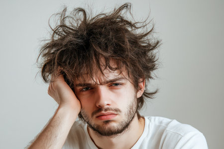 Portrait of young man with frizzy, colored, and ruined hair, symbolizing self-image issues, hair damage or neglect.の素材