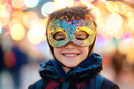 A playful boy enjoys the celebration while wearing a bright carnival mask, with blurred twinkling lights in the background adding magic.の素材
