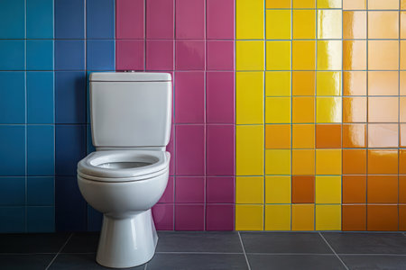 A contemporary toilet unit stands against vibrant tiles in a minimal bathroom, showcasing clean plumbing fixtures for home or showroom.の素材