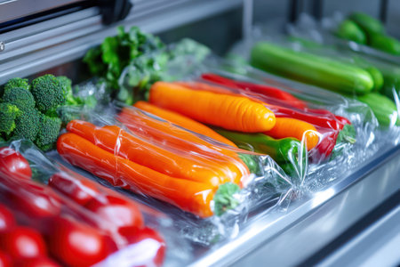 Close-up of vacuum packaging machine sealing fresh vegetables in plastic wrap on colorful background, showing food storage technology.の素材