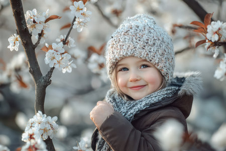 Happy child embraces a tree in a sunny spring landscape, promoting love for nature, environmental awareness, and joyful outdoor play.の素材