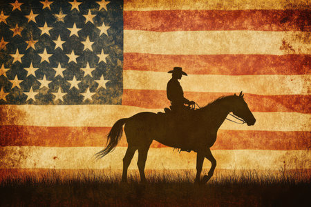 Patriotic silhouette of cowboy on horseback with a grunge-style American flag backdrop, evoking Wild West, freedom, and tradition.の素材