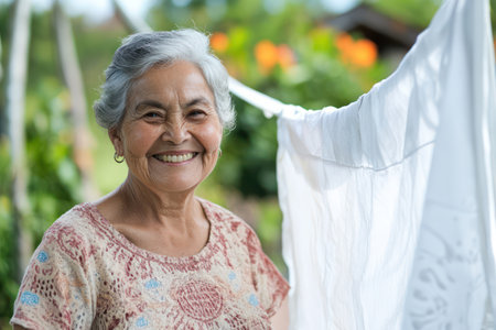 Elderly woman with gray hair smiles while hanging clothes outside on a sunny day, enjoying domestic outdoor chores.の素材