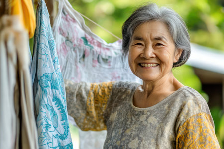 Elderly woman with gray hair smiles while hanging clothes outside on a sunny day, enjoying domestic outdoor chores.の素材