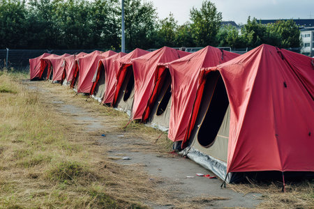 Emergency refugee tent camp with rows of makeshift shelters, highlighting displacement, humanitarian aid, and global migration crisis.の素材
