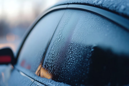 Close-up of car windows covered in frost, capturing the crisp chill of early winter mornings and seasonal change.の素材
