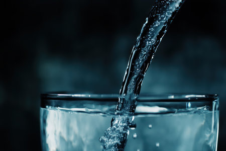 Close-up of water streaming from a modern faucet with mousseur, representing clarity, plumbing, and home water supply.の素材