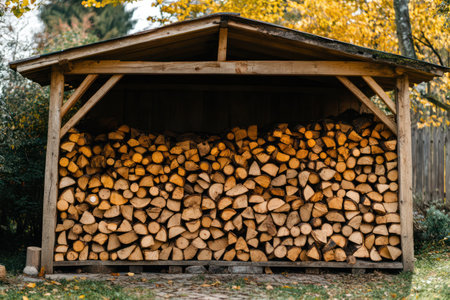 Outdoor wooden shed filled with neatly stacked logs, used as eco-friendly heating fuel amid energy or fuel crises.の素材