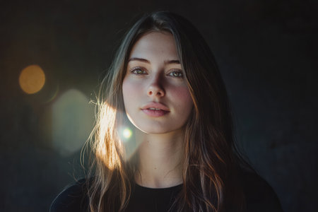 Bright lens flare shines across black background, perfect for overlays, photo effects, video transitions, and screen highlights.の素材