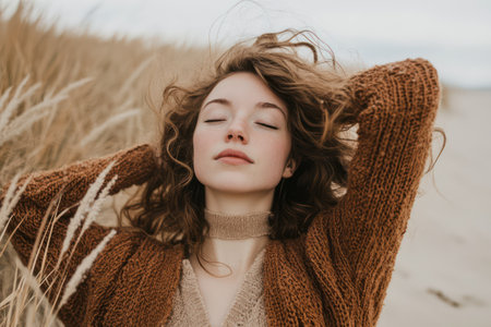 Serene woman taking deep breaths and stretching on a sandy beach, promoting relaxation, mindfulness, and stress relief.の素材