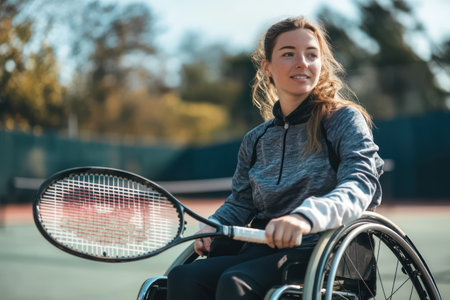 Female athlete seated in a wheelchair holding a tennis racket, promoting gender equality and adaptive sports in action.の素材
