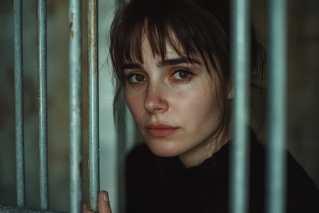 Sad woman in a prison cell behind metal bars, showing the emotional weight of confinement, regret, and legal sentencing.の素材