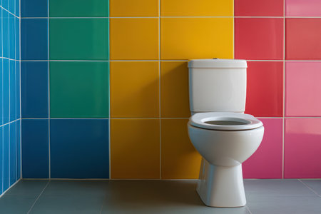 A contemporary toilet unit stands against vibrant tiles in a minimal bathroom, showcasing clean plumbing fixtures for home or showroom.の素材