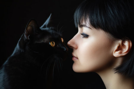Artistic double exposure of woman with short dark hair and black cat, set against blurred black background with light glow.の素材