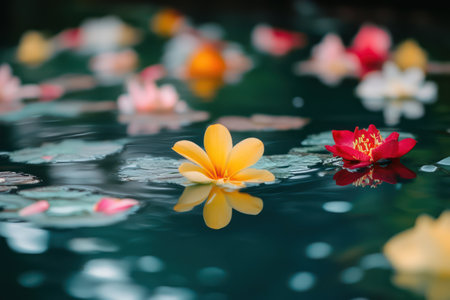 Colorful tropical flowers drift on calm river surface, creating a peaceful, serene, and visually soothing nature scene.の素材