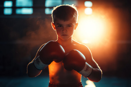 Kid Wearing Boxing Gloves in Gym back light.の素材