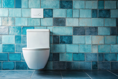 A contemporary toilet unit stands against vibrant tiles in a minimal bathroom, showcasing clean plumbing fixtures for home or showroom.の素材