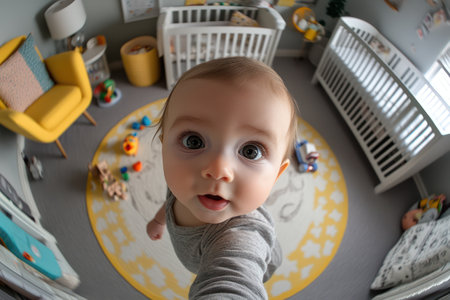 Fisheye perspective of baby girl looking at camera in colorful nursery, toys scattered, modern gray-yellow decor, wide-angle capture.の素材