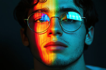 Modern close-up of man wearing round glasses with vibrant rainbow light reflecting across face, symbolizing identity and futuristic style.の素材