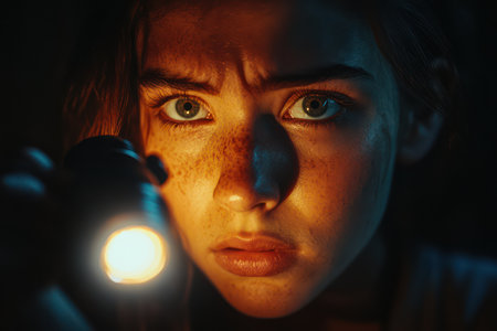 Close-up cinematic portrait of woman with fearful eyes holding flashlight in a dark room, surrounded by dust and deep shadows.の素材