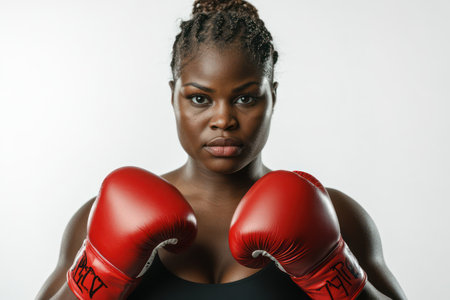 Portrait of a strong heavyweight woman boxer posing with red gloves, showcasing confidence, strength, and determination in a clean studio setup.の素材