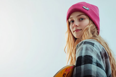 Young female skateboarder strikes a pose with her board against a white studio background, symbolizing energy and individuality.の素材