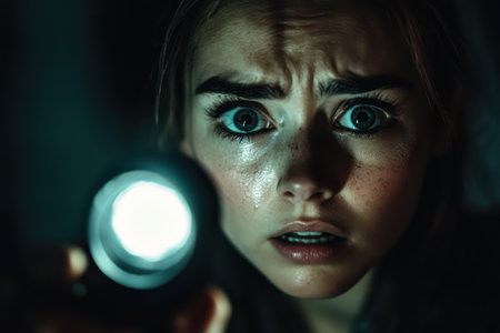 Moody close-up of a scared woman gripping flashlight in a dark room, surrounded by eerie shadows and tension-filled atmosphere.の素材