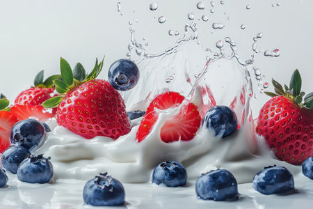 Strawberries and blueberries frozen midair while falling into yogurt, creating a colorful, clean splash with vibrant detail on white background.の素材