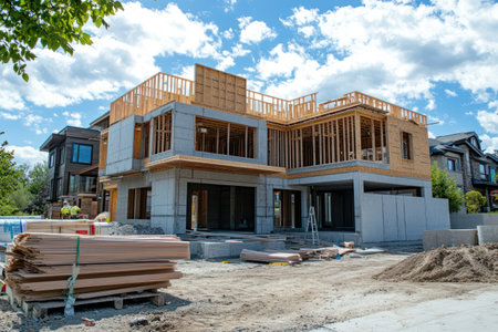 A partially built modern house shows its transition from architectural blueprint to wooden structure, highlighting real estate development and building progress.の素材
