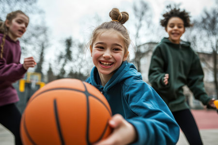 Energetic girl playing basketball on outdoor court with friends, capturing teamwork, joy, and active lifestyle.の素材
