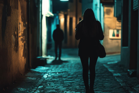 Crime thriller scene of a woman on the phone in a shadowy alley, unaware of the criminal following her from behind in the darkness.の素材