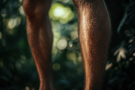 Close-up of a man leg showing visible skin issue against solid color background, related to dermatology or cosmetic treatment.の素材