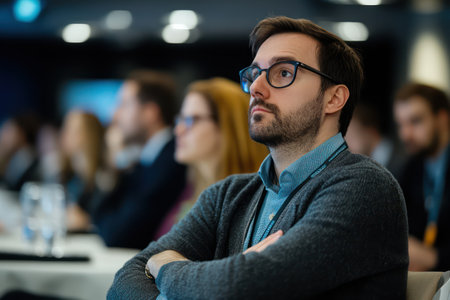 Focused group of professionals attending corporate event. Presenter speaks as attendees take notes in well-lit auditorium.の素材