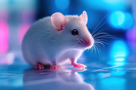 Close-up of a small white laboratory mouse standing alertly with a blurred scientific background, symbolizing medical and genetic research.の素材