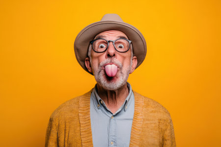 Hilarious close-up of an older man making a silly face with tongue out, captured through a fisheye lens, isolated on colorful background.の素材