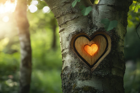 Symbolic heart carving on tree trunk in peaceful forest setting, evoking romance, memory, and connection to nature.の素材