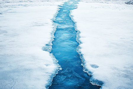 Snow-covered frozen lake with a narrow, deep crack exposing dark blue water, creating a dramatic contrast under sunny skies.の素材