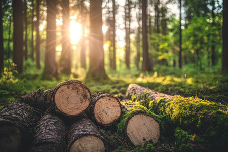Quiet woodland scene showing moss-covered forest floor with stacked logs, conveying nature's calm, decay cycle, and natural texture.の素材