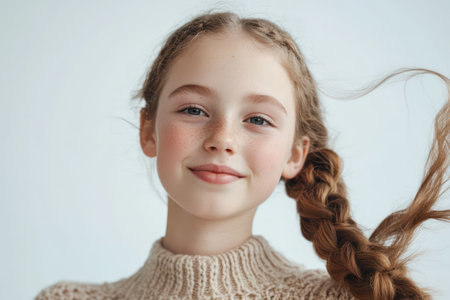 Cheerful young girl with neatly braided hair smiling in front of a white background, radiating joy and natural youthfulness.の素材