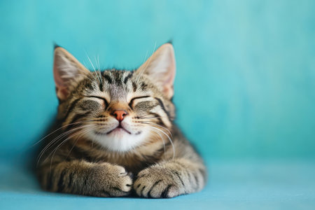 Content tabby cat with eyes closed, resting on a vibrant background, expressing peace, relaxation, and cozy pet vibes.の素材