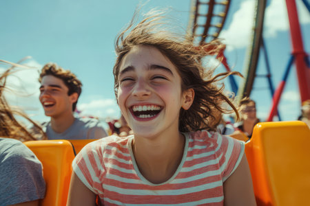 Group of excited young people ride a roller coaster at an amusement park, full of adrenaline, joy, and summer fun.の素材