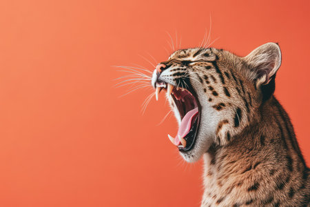 Portrait of a wildcat mid-roar with fangs visible, captured in a dramatic pose against a vibrant solid color backdrop.の素材
