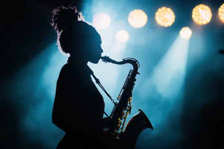 Stylish woman musician plays saxophone under soft golden stage light, evoking sensuality, rhythm, and jazz culture.の素材