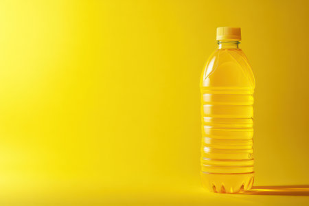 Large transparent bottle filled with golden sunflower oil, perfect for advertising food products, healthy cooking, or retail promotions.の素材