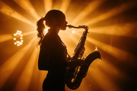Stylish woman musician plays saxophone under soft golden stage light, evoking sensuality, rhythm, and jazz culture.の素材