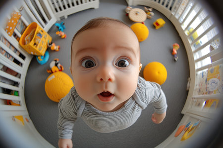 Fisheye perspective of baby girl looking at camera in colorful nursery, toys scattered, modern gray-yellow decor, wide-angle capture.の素材
