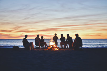 Cinematic view of friends gathered at beach bonfire during sunset, silhouettes glowing with warmth, evoking nostalgia and togetherness.の素材